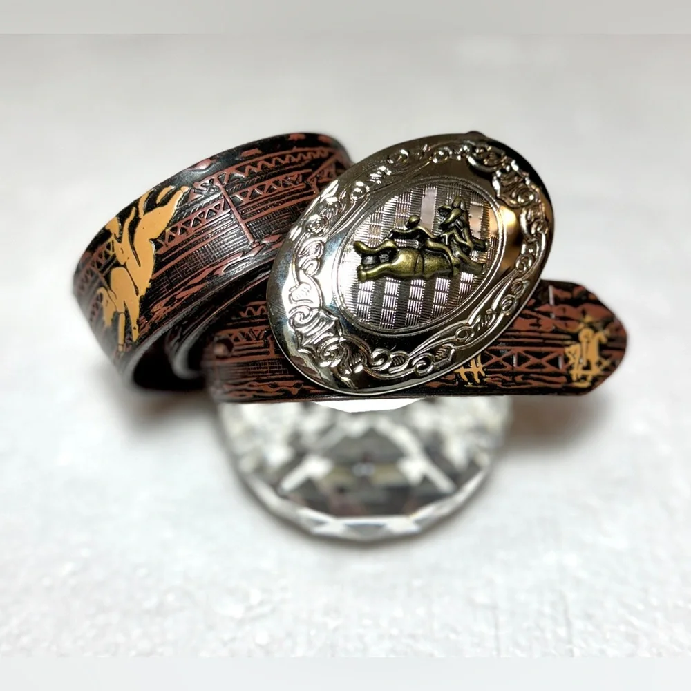 Western Men's Brown Leather Belt with Ornate Silver Buckle Embellished